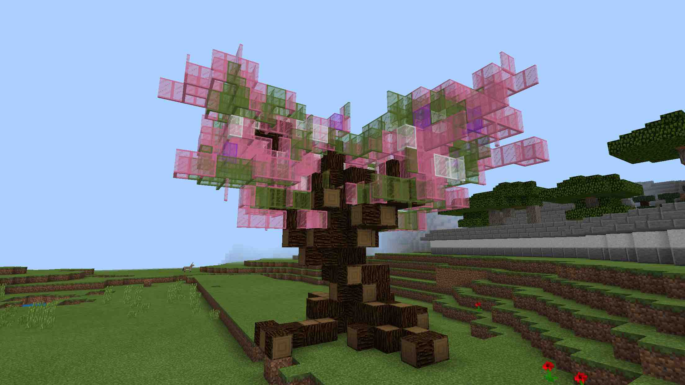 マイクラpe 色付き板ガラスで大きな木を作ってみたよ カラフルな木を