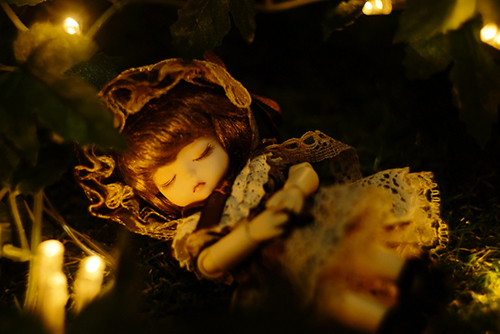 DOLL FACTORY・Baby Ariの小さな眠り目の子、Emma（エマ）。夜の不思議な森の中で、眠っている少女。
