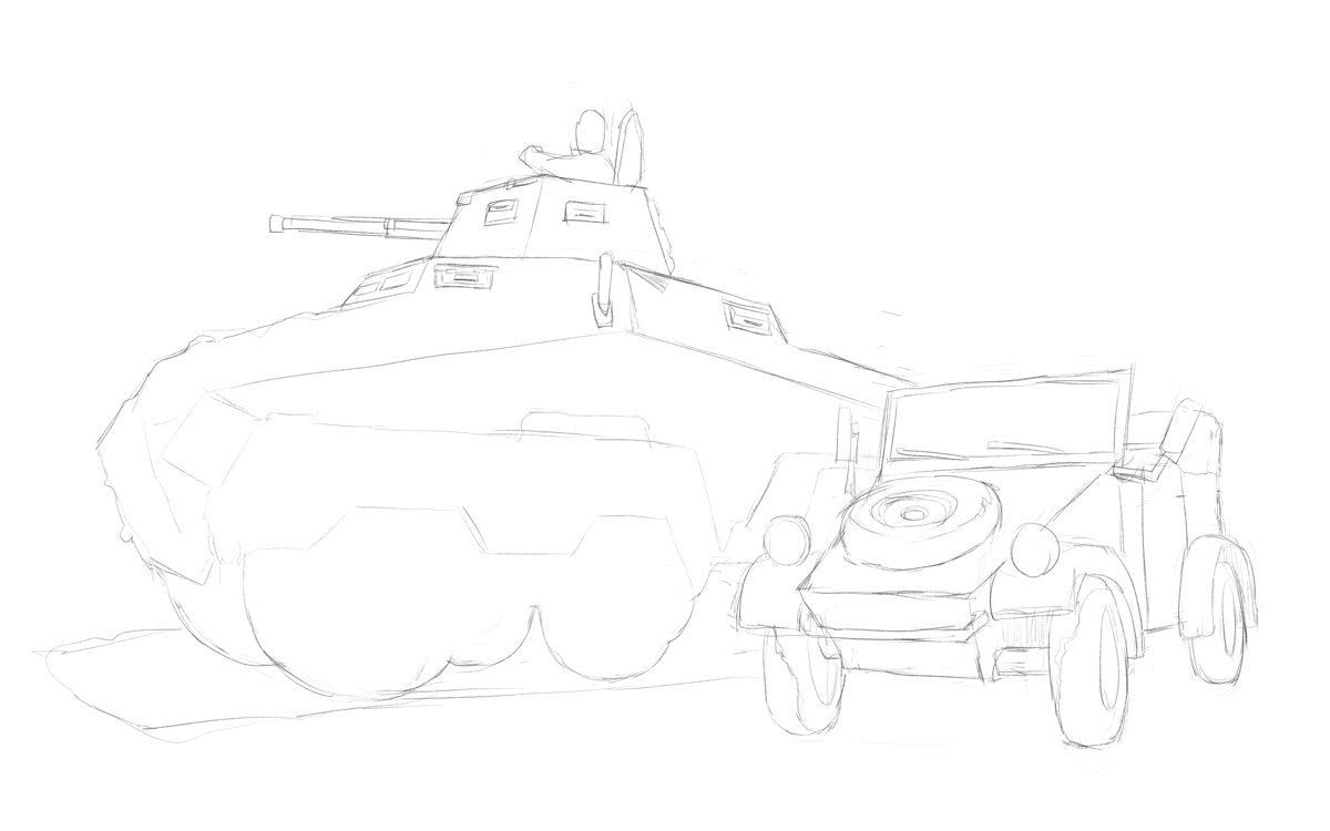 タミヤのミリタリーミニチュアシリーズのNo.297 ドイツ軍 八輪重装甲車とNo.213 ドイツ軍 キューベルワーゲン スケッチ