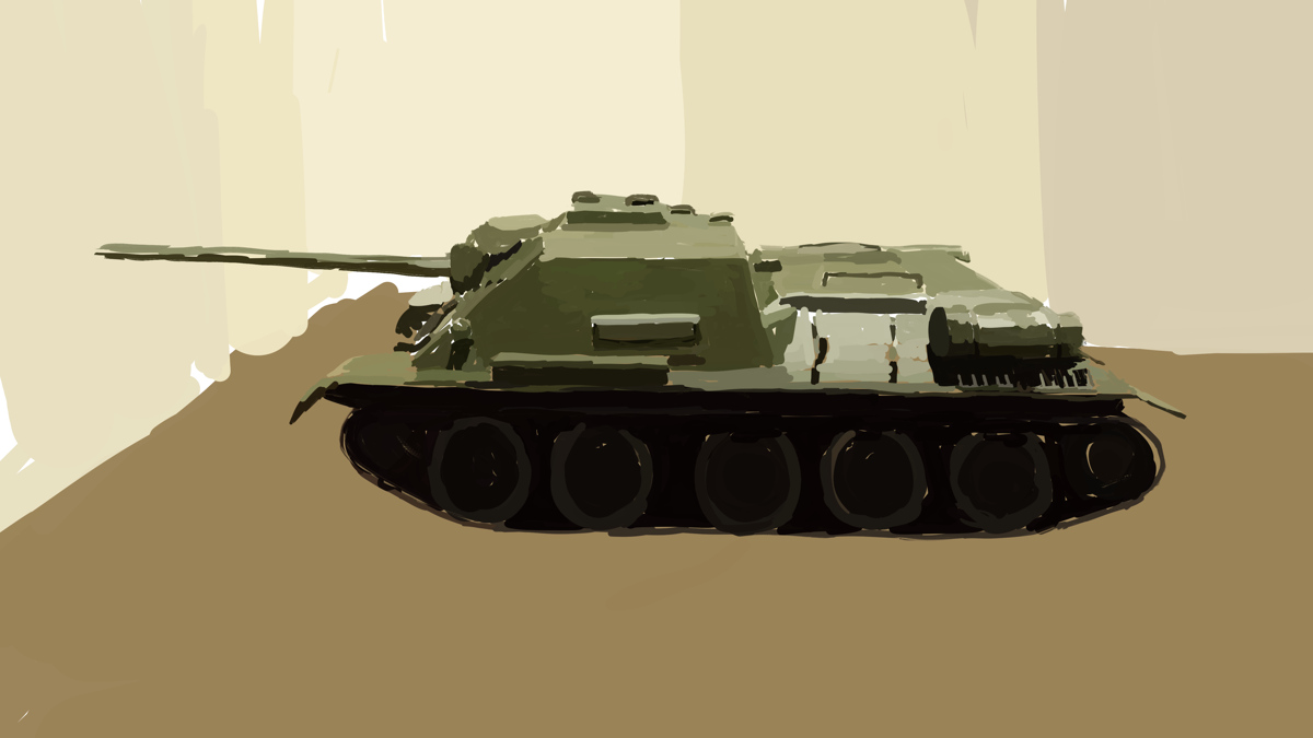 タミヤのミリタリーミニチュアシリーズ No110 ソ連軍 SU-85 襲撃砲戦車の２ 面で塗ってスケッチ